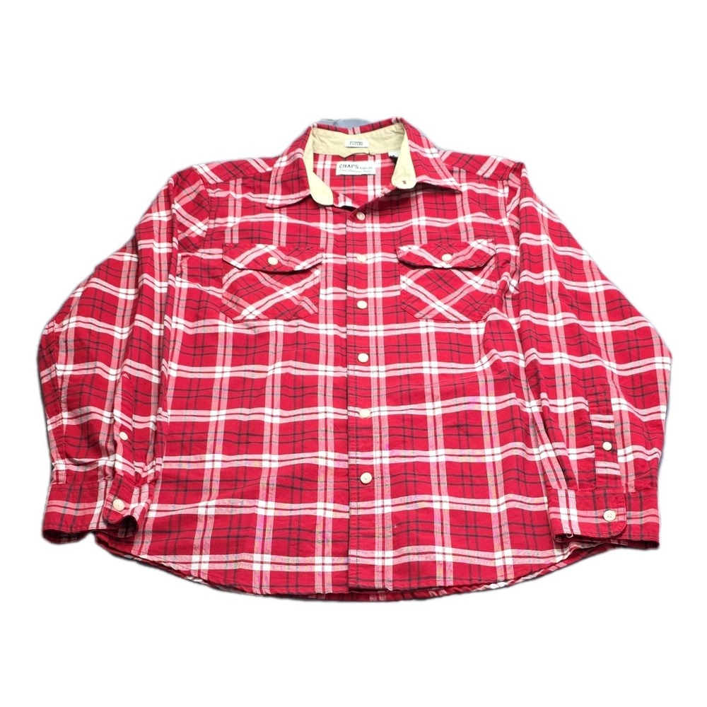 Chaps Surplus Cotton Button-Up Shirt Red Plaid Fitted S Long Sleeve Collared